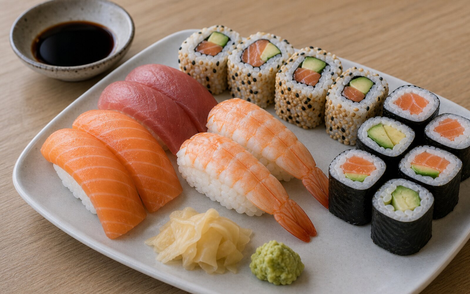 Plateau de sushis avec poisson, crevette, sésame et sauce soja identifiés
