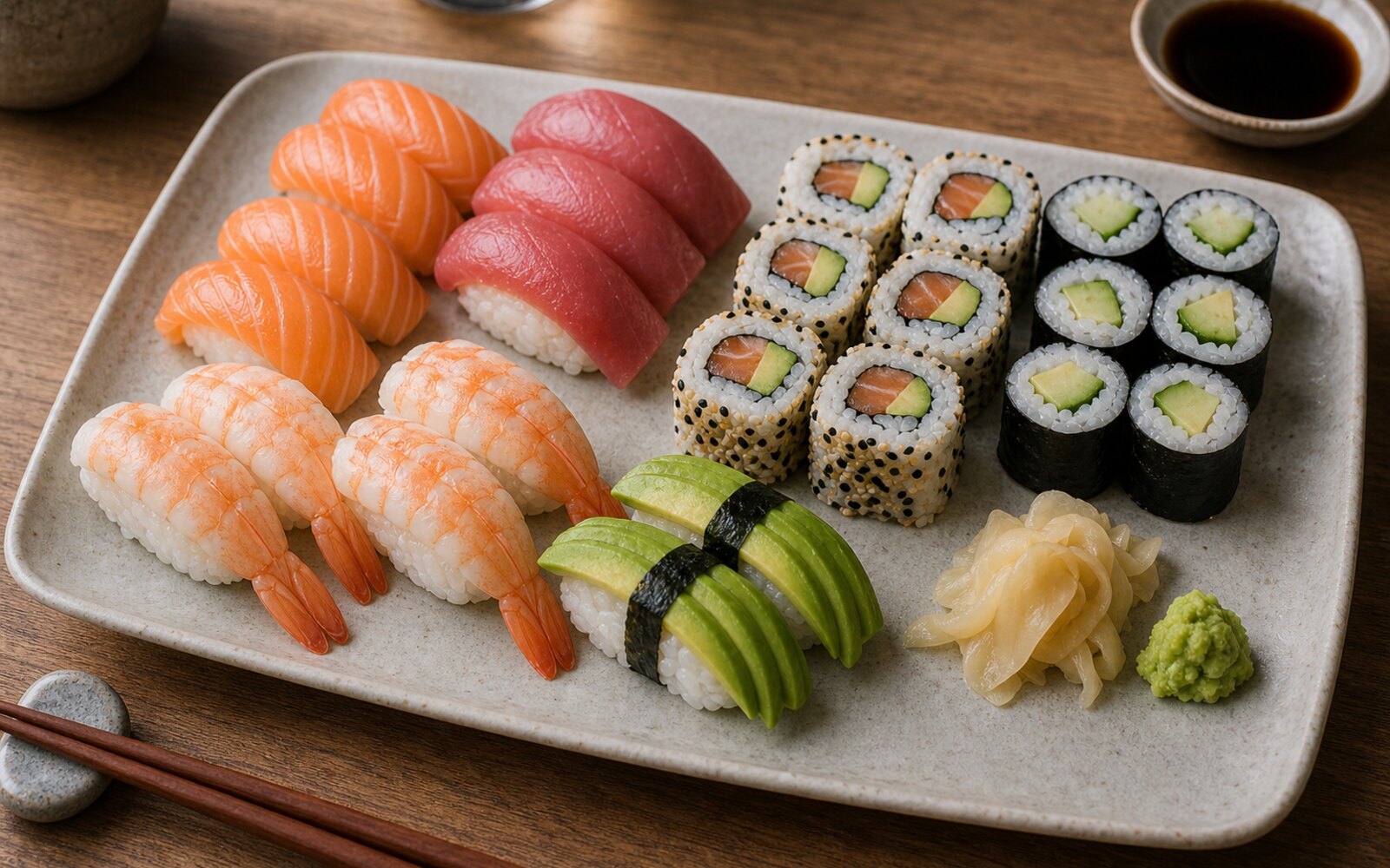 Menu mixte de sushis séparant pièces au poisson, au sésame et végétariennes