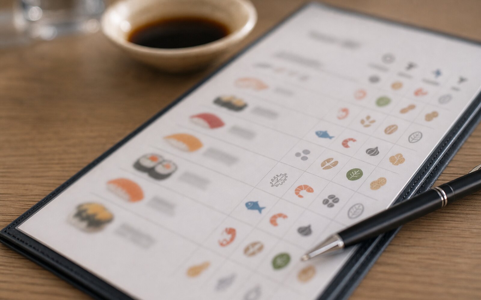 Carte de restaurant de sushis avec pictogrammes d'allergènes et stylo