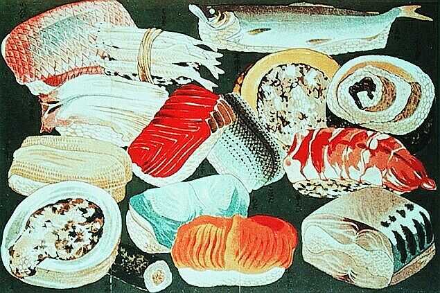 Les types de sushis imaginés par Hanaya Yohei, illustration de Gyokusho KAWABATA, ~1877