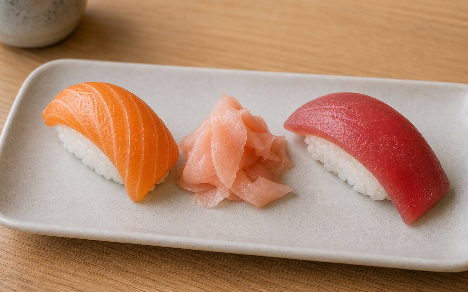 Lamelles de gingembre mariné servies entre deux pièces de sushi