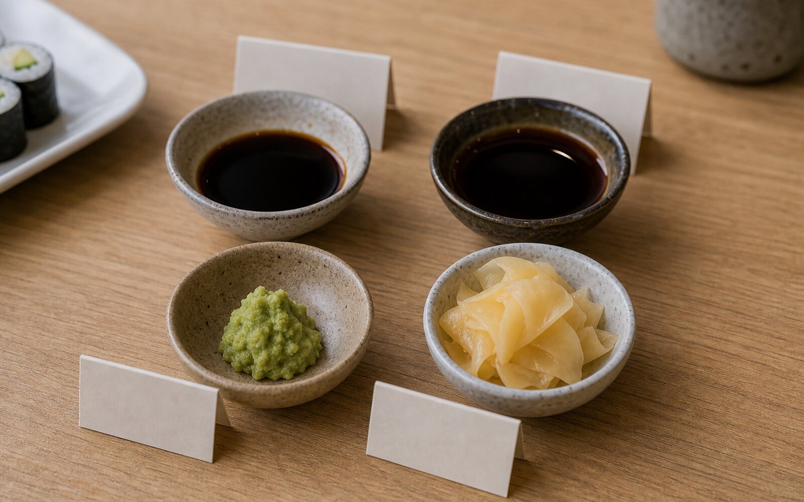 Coupelles de sauce soja, sauce sucrée, wasabi et gingembre avec étiquettes d'allergènes