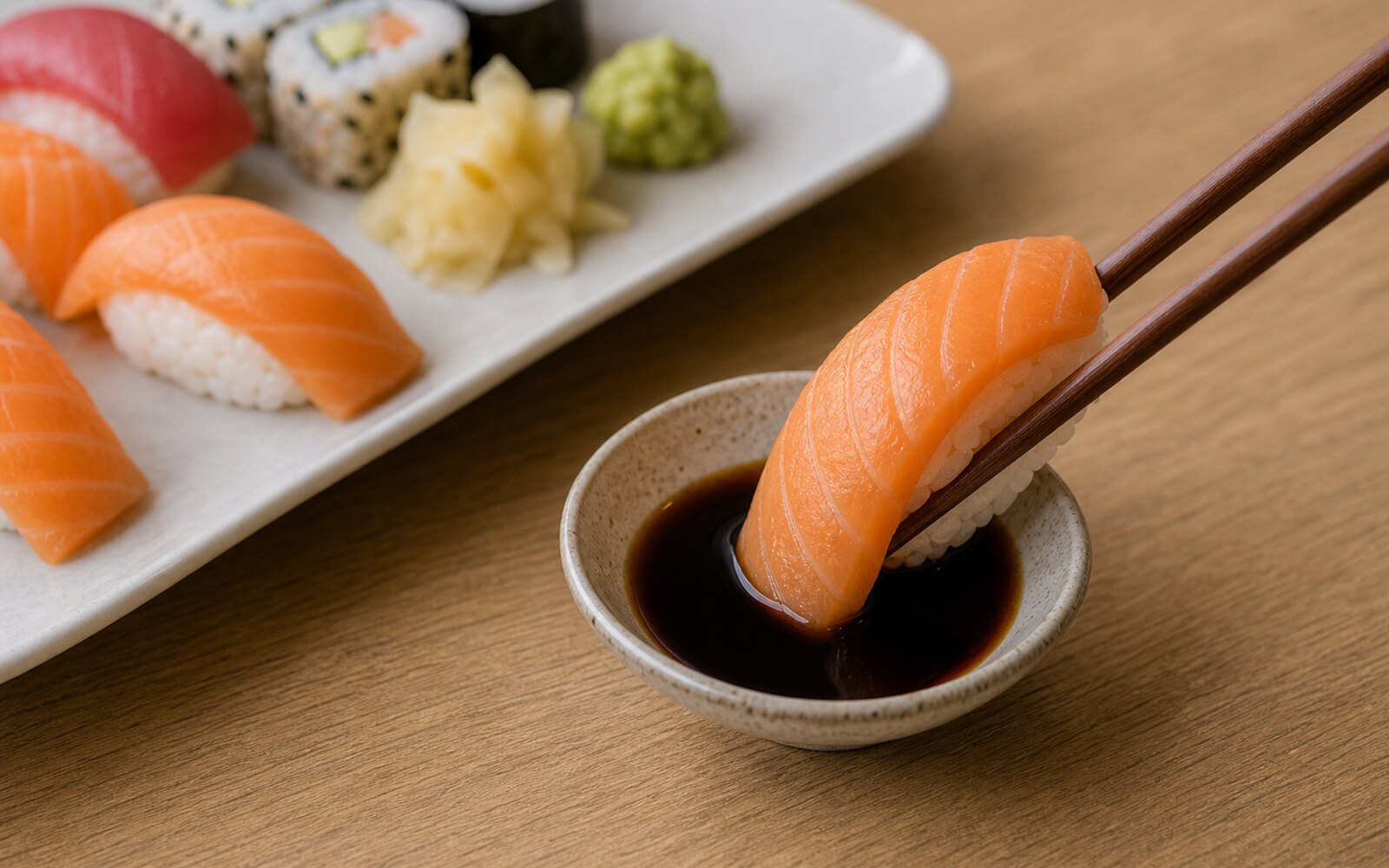 Nigiri trempé côté poisson dans une coupelle de sauce soja