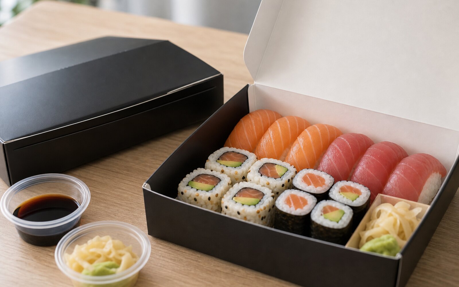 Boîte de sushis livrée avec emballage fermé, riz net et poisson brillant